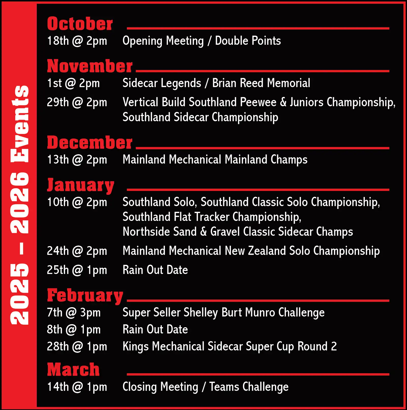 Oretipark Speedway Calendar 2025-2026